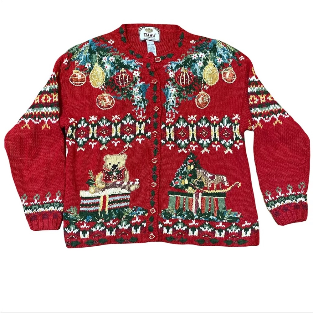 Vintage Tiara International Embroidered Ugly Christmas Sweater Cardigan Size L